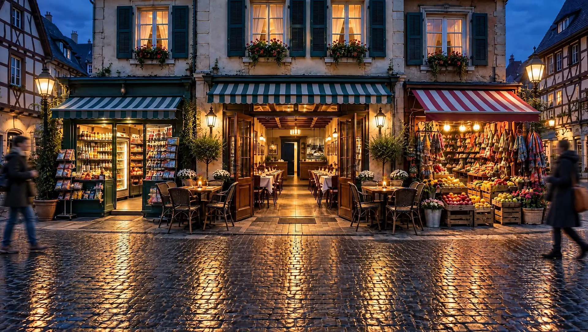 Einkaufsstraße am Abend: Kiosk, Restaurant mit offener Tür und kleiner Bazar
