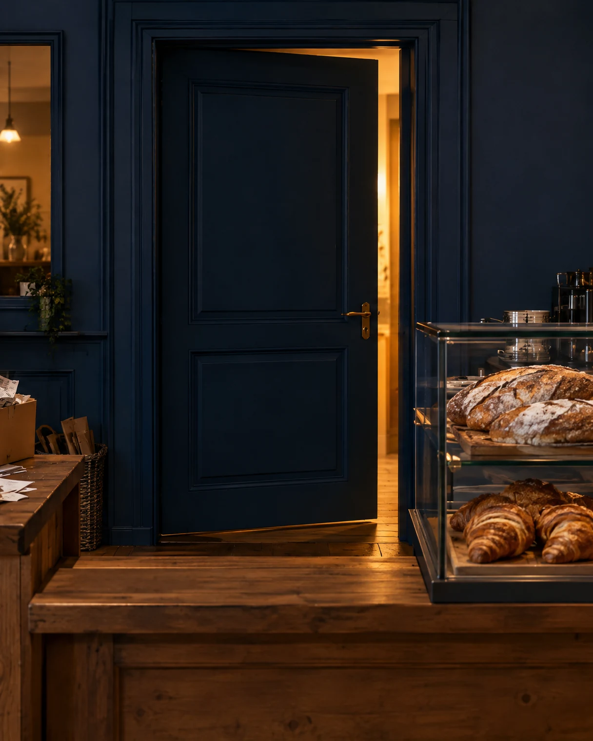 Theke Bäckerei & Café mit Belegen und der Navy-Tür dahinter