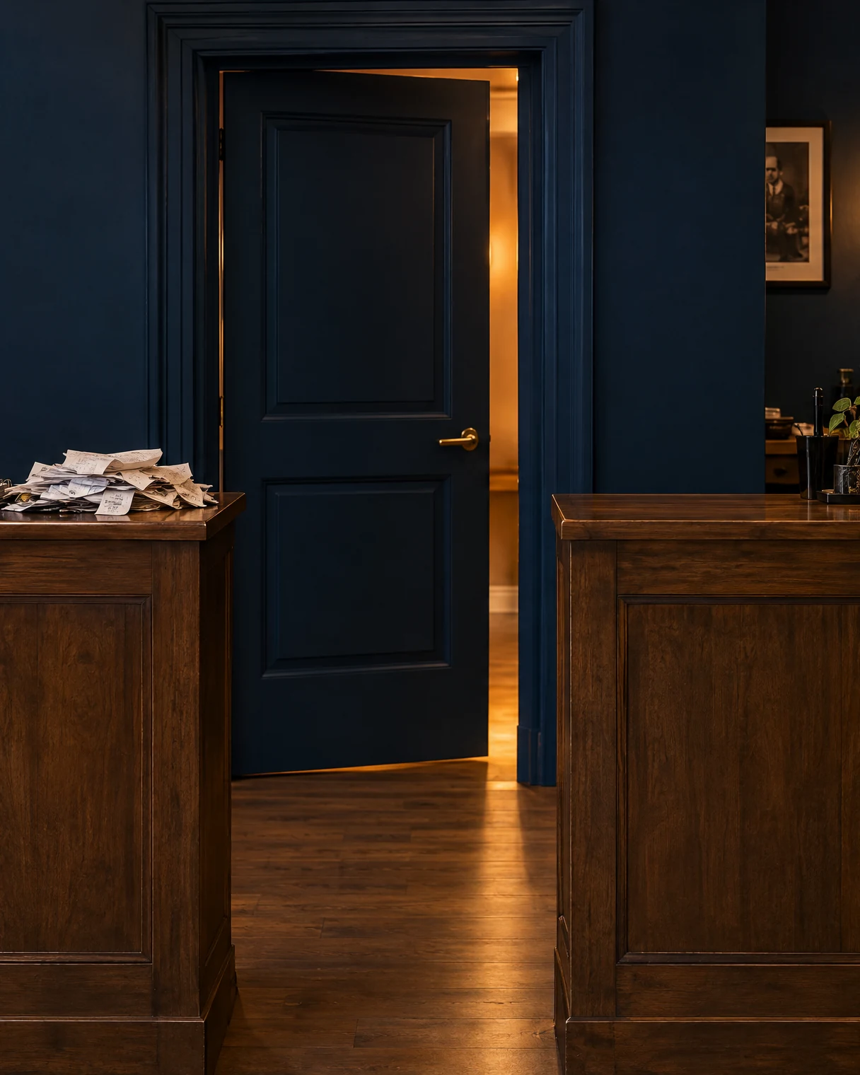 Theke Barbershop & Friseur mit Belegen und der Navy-Tür dahinter