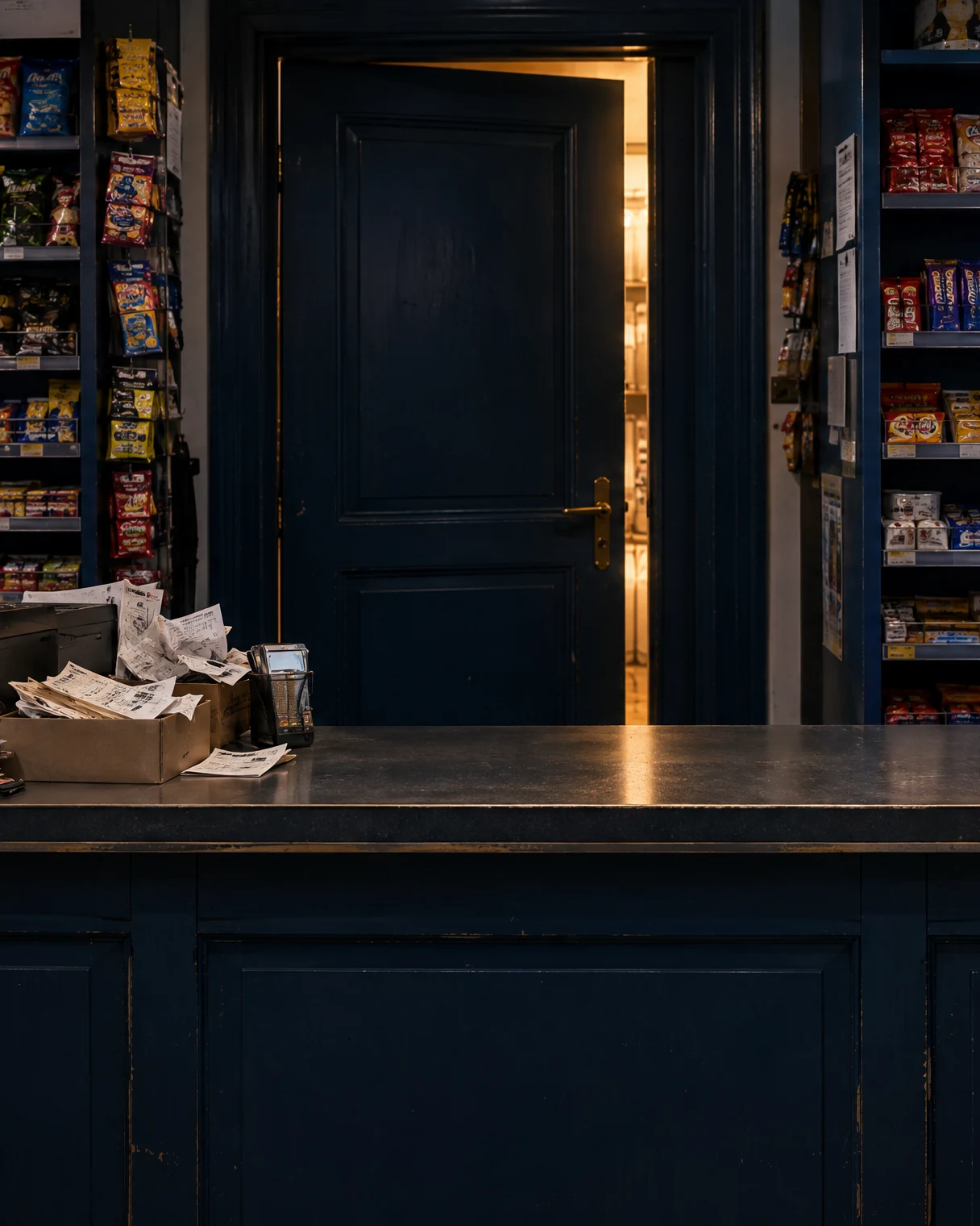 Theke Kiosk & Späti mit Belegen und der Navy-Tür dahinter