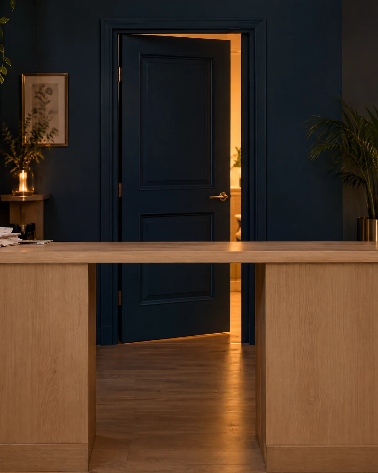 Theke Kosmetik & Nagelstudio mit Belegen und der Navy-Tür dahinter