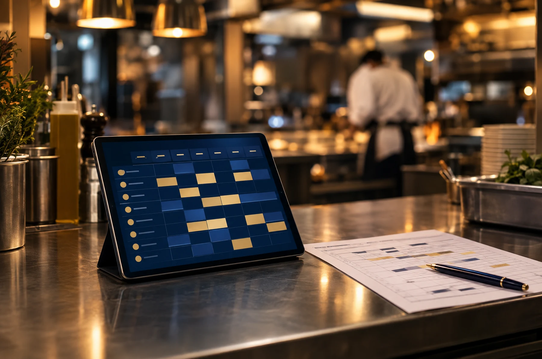 Tablet mit Schichtplan auf einer Küchenarbeitsfläche