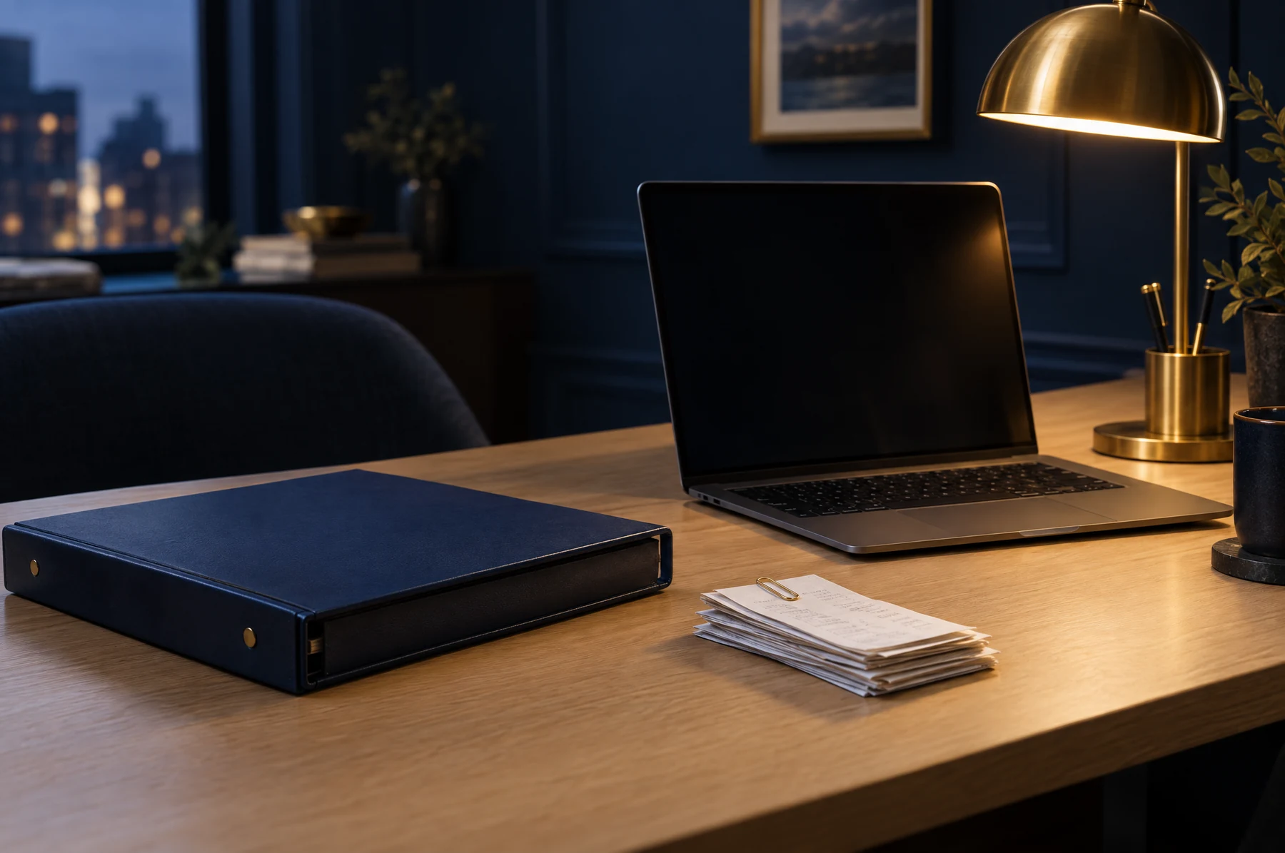 Ordner, Laptop und sortierte Belege auf einem Schreibtisch