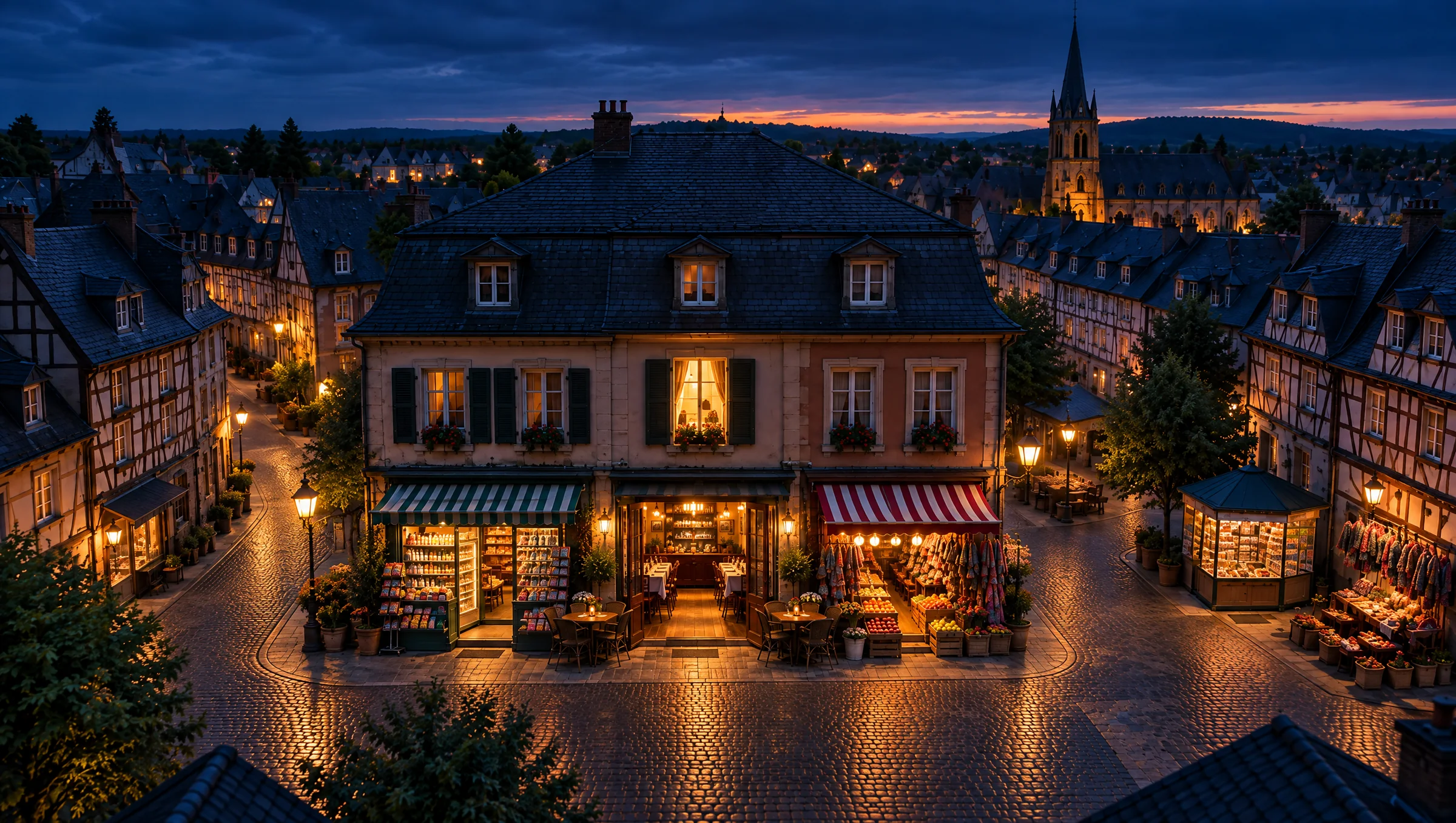 Die Kleinstadt am Abend von oben – über dem Restaurant leuchtet ein Fenster golden